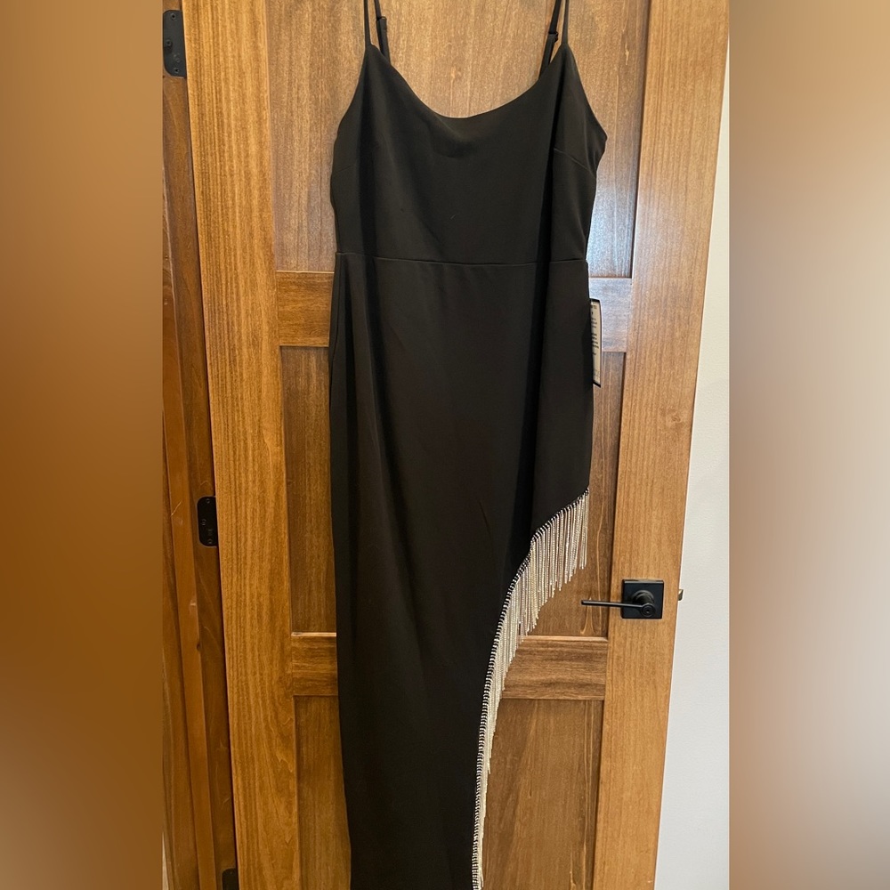 Black Full Length Dress with Rhinestone Fringe